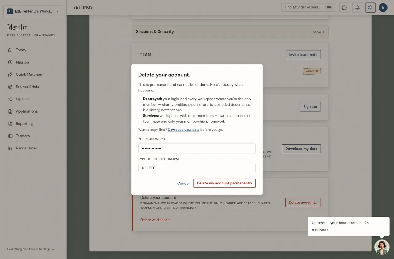 Membrs delete account confirmation — type DELETE and your password; the sheet explains what is destroyed and what survives