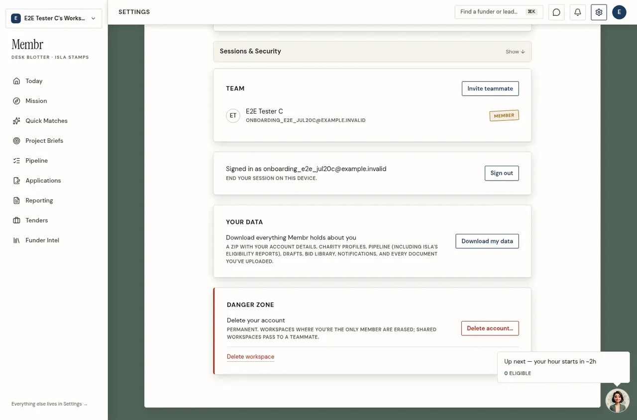 Membrs Account settings — the Your data card with the Download my data button, above the Danger zone