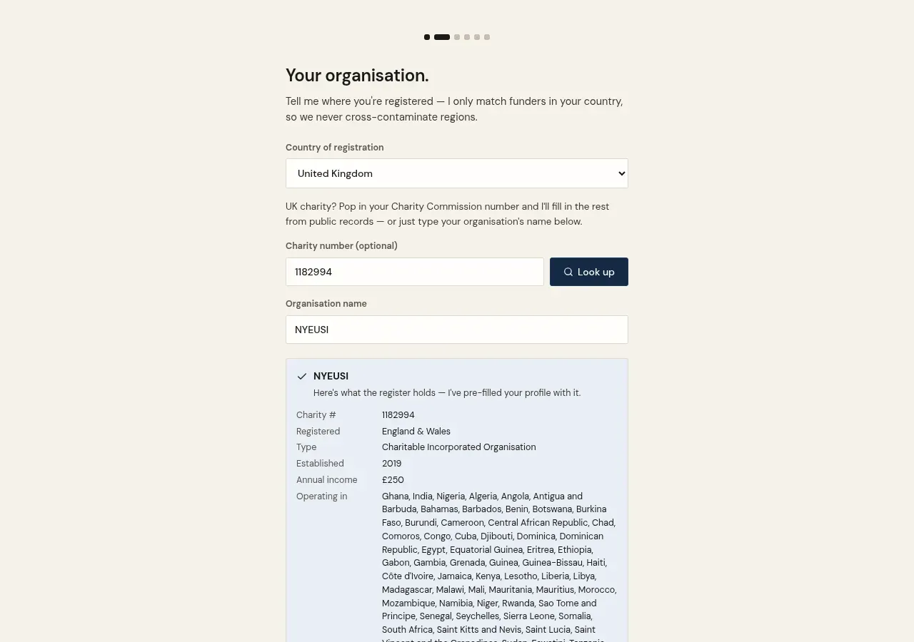 Membrs onboarding — entering a Charity Commission number so Isla pre-fills the charity's details from the public register