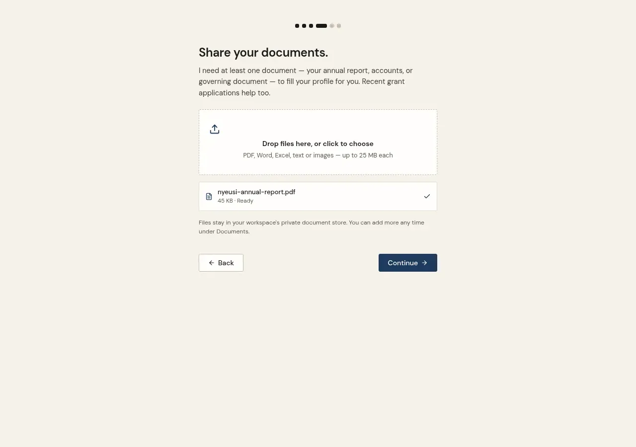 Membrs document upload — files stay in your workspace's private document store and can be added any time