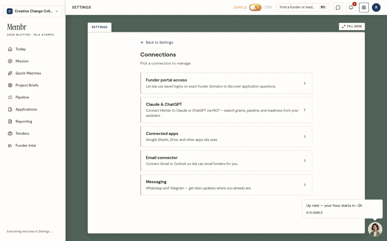 Membrs Settings → Connections — funder portal access, Claude & ChatGPT, connected apps, email connector and messaging