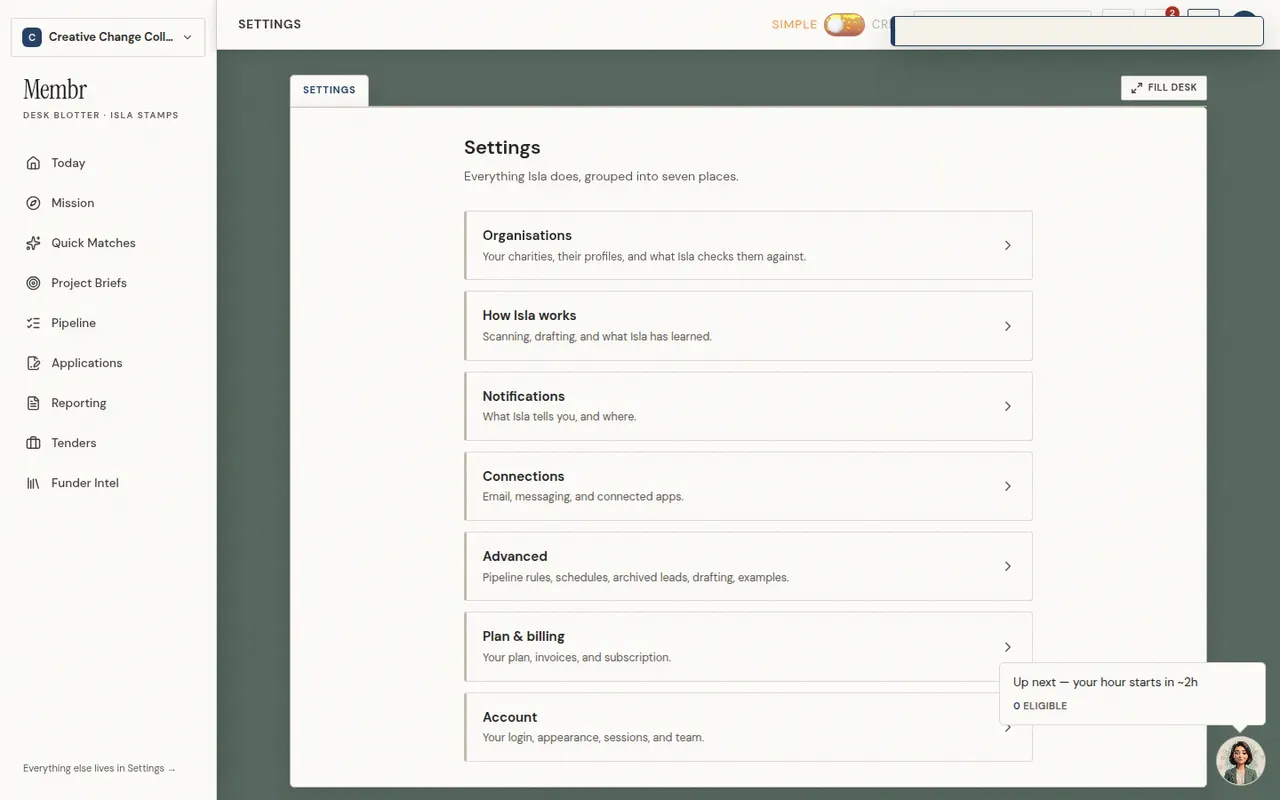 Membrs Settings home grouped into seven places — Organisations, How Isla works, Notifications, Connections, Advanced, Plan & billing, and Account