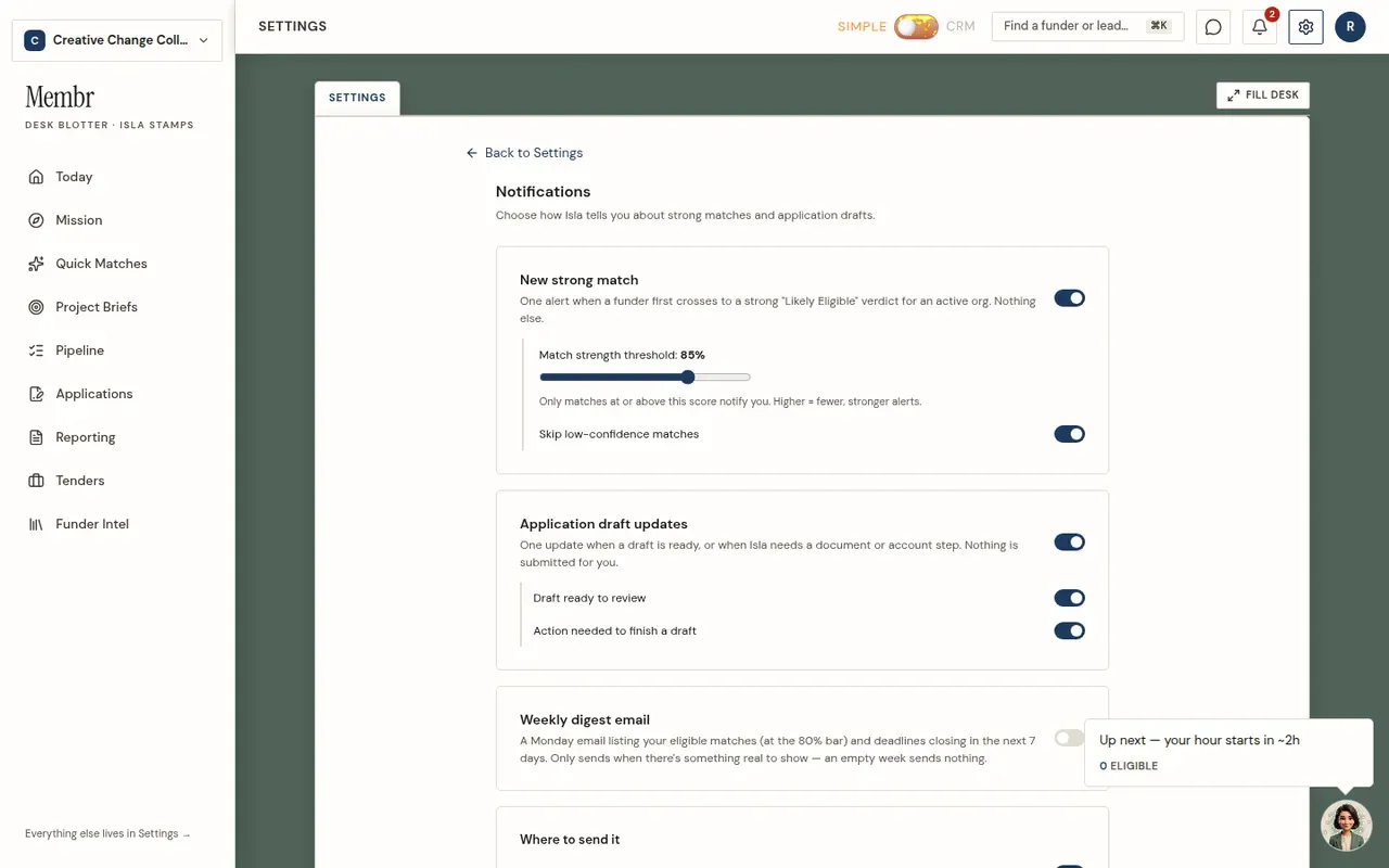 Membrs notification settings — the New strong match alert with its match-strength threshold slider, and application draft updates