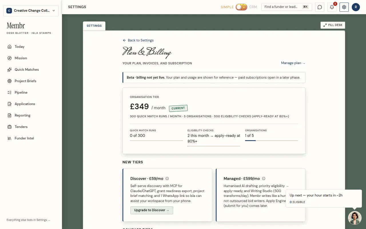 Membrs Settings → Plan & billing — current tier with monthly usage meters and the Discover and Managed upgrade tiers