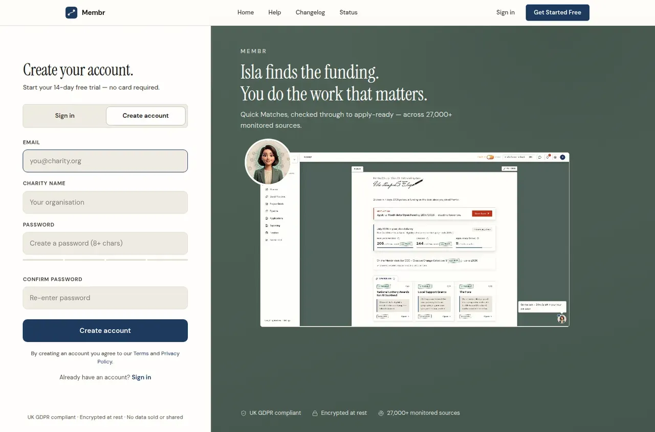 Membrs create account screen — sign up with your email and password to start a 14-day free trial for your UK charity