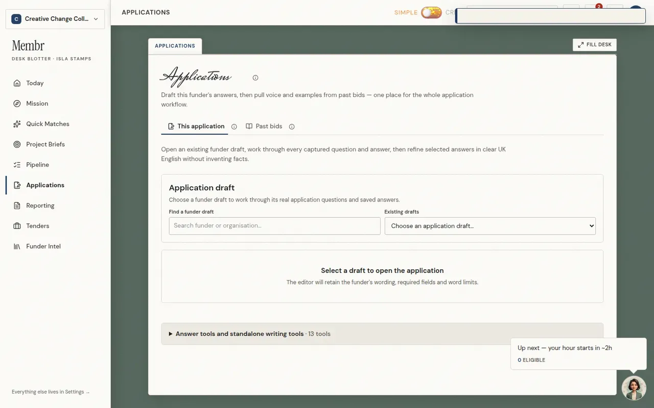 Membrs Applications drafting studio — This application and Past bids tabs, with the application draft picker