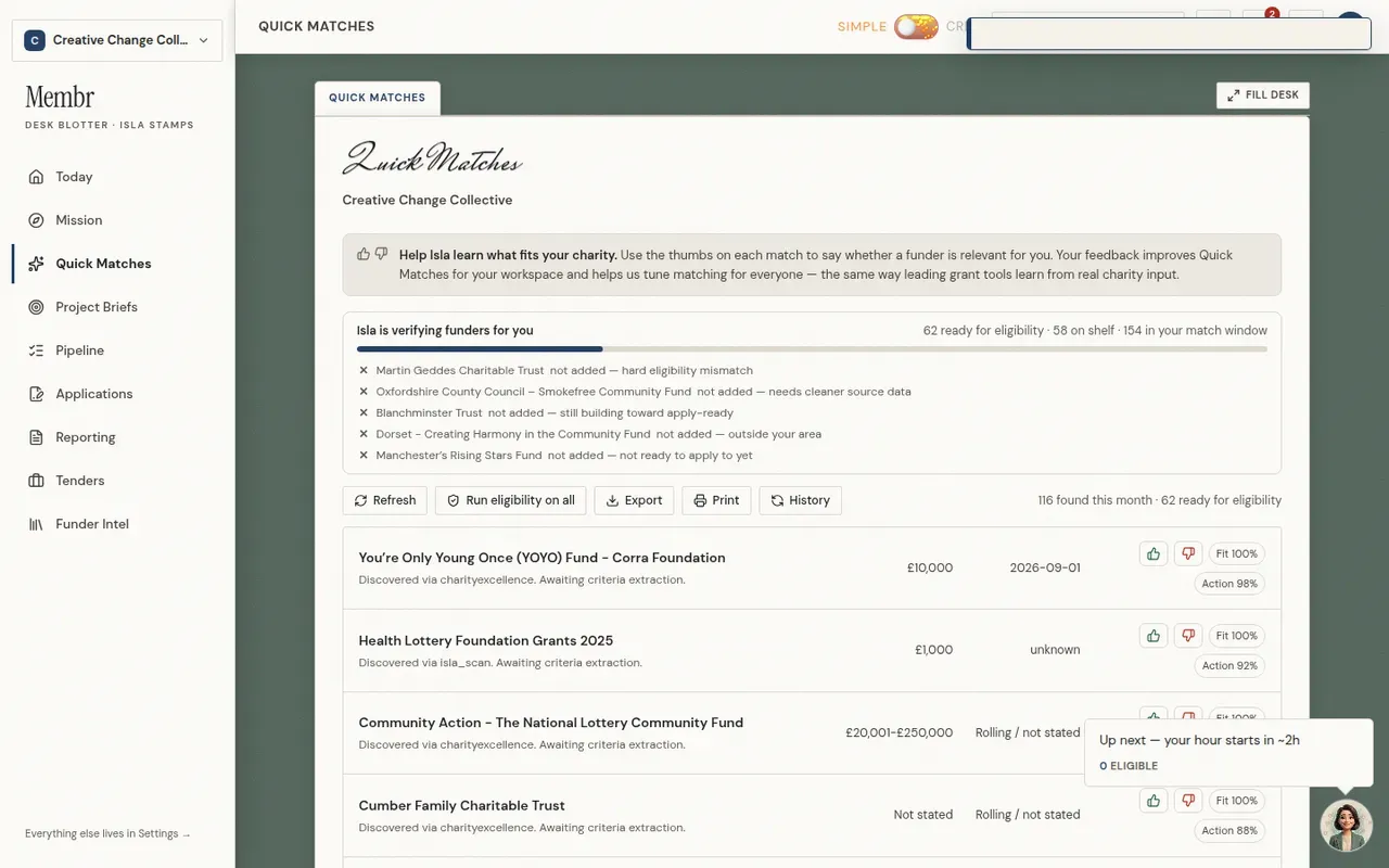 Membrs Quick Matches in the Simple view — catalogue candidates with amounts and deadlines, ready for eligibility checks
