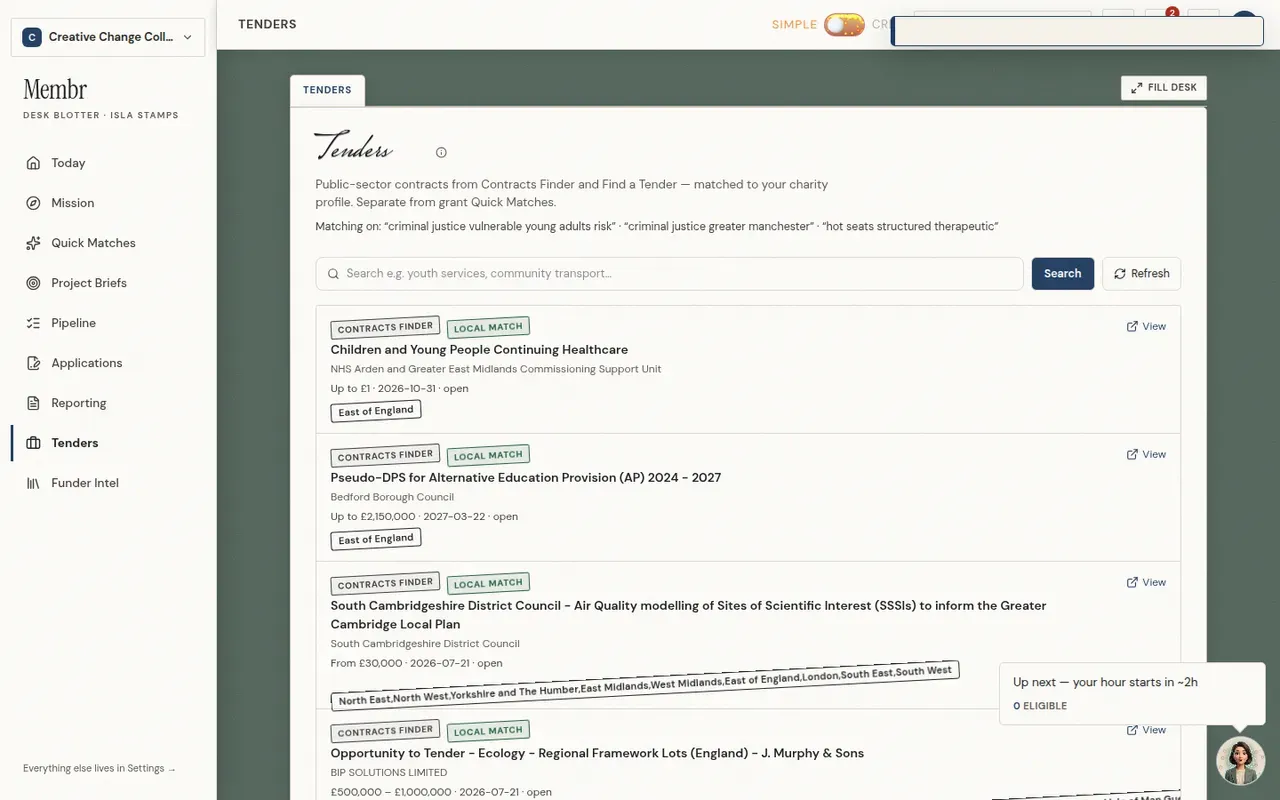 Membrs Tenders lane listing UK public-sector contracts from Contracts Finder, with local match tags, value ranges and deadlines